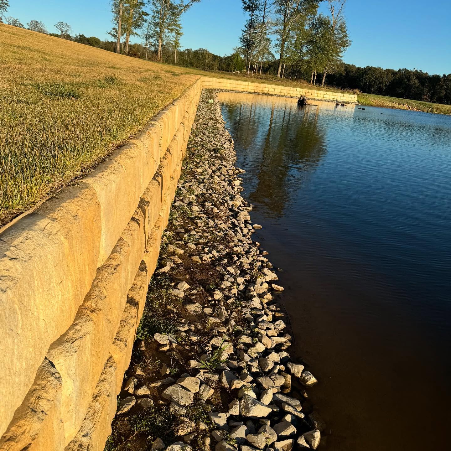 Grassed pond bank above a finished retaining wall